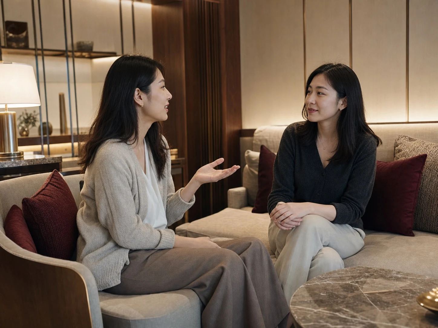 兩位成年台灣女性在舒適休息空間自然交談